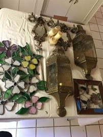 Pretty stained glass flowers, pair of brass wall mount candle holders & a very old pair of ornate candle holders with crystals. 