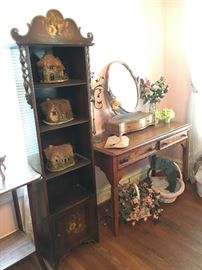 Cute antique bookcase or display cabinet & sofa table. Tabletop Mirror & vanity. 