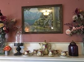 Pretty  Maxfield Parrish framed print, tea set, pretty glass & floral arrangements. 