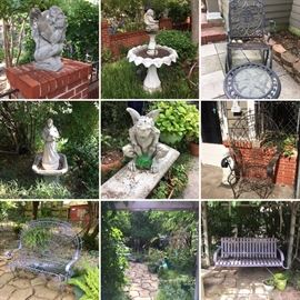  Gargoyles and Griffin statues, friar statues, angel statues, numerous bird baths, old metal swing, peacock bench &chair , Texas rocking chair & table....