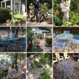 Numerous patio sets, metal table & chairs & bistro sets, potted plants, huge ferns, rose bushes, statuary, gnomes....