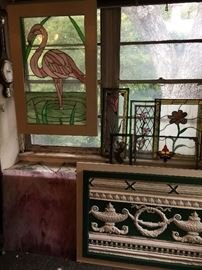 Flamingo stained glass and architectural element. Also one large piece of pink swirl stained glass