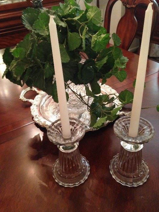 Silver plate tray; pair of candle holders