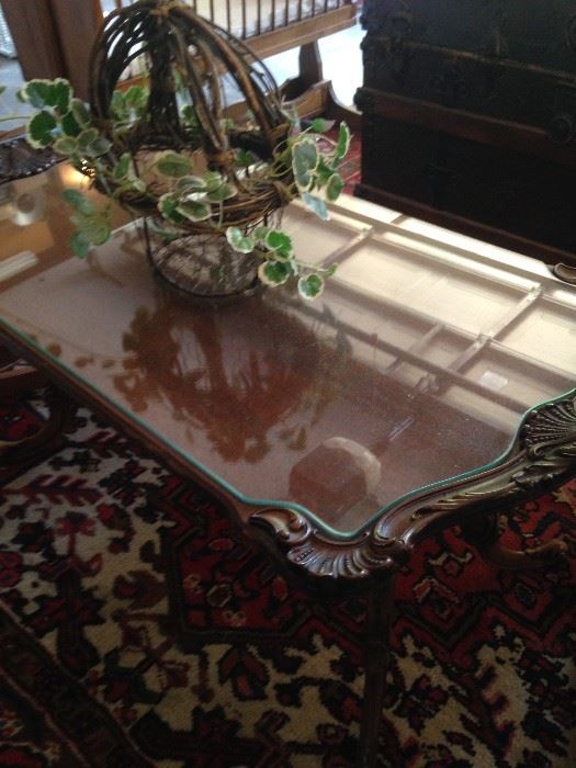 Antique coffee table with custom glass