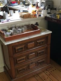 Marble top chest of drawers, shot glass collection