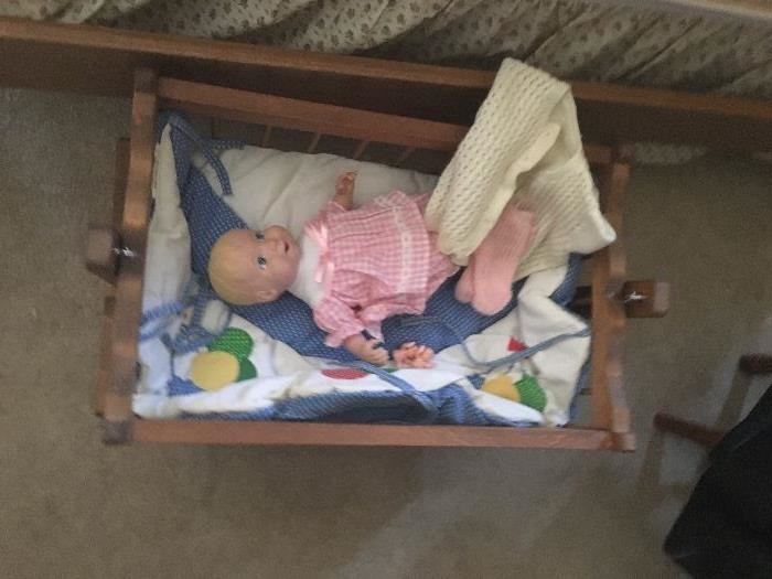 Wooden doll cradle, vintage baby doll