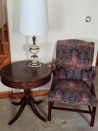 Vintage Highback Chair and Mahogany Drum Table  http://www.ctonlineauctions.com/detail.asp?id=737122