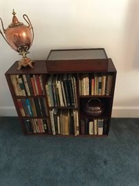 Samovar and cubed bookshelf that pre-dates Ikea. 
