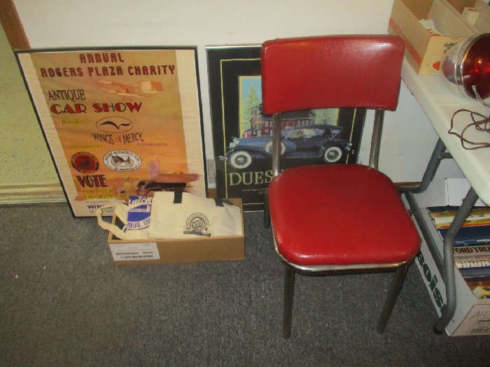 Auto posters and chair