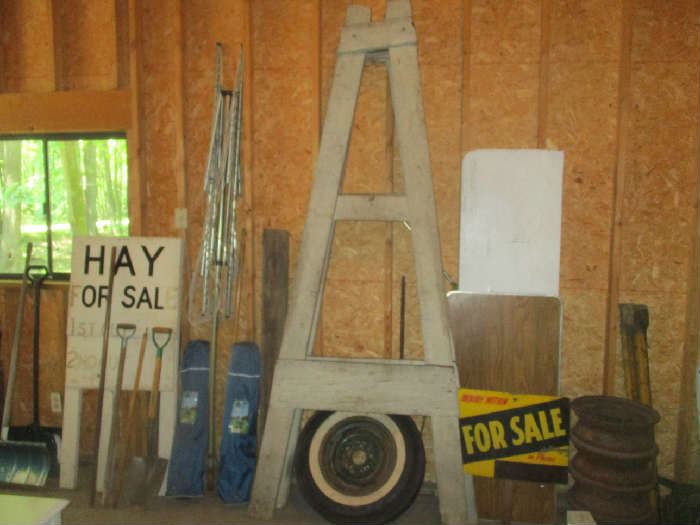 Ladders, signs and Garage items