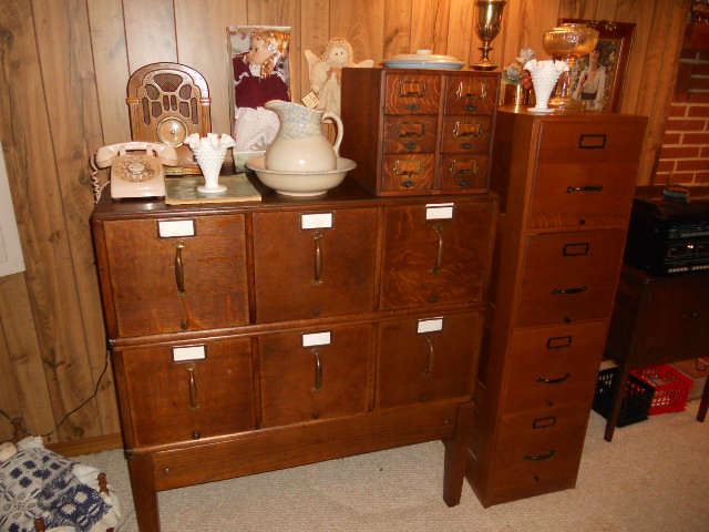Rare 6 drawer oak file cabinet, 6 drawer oak index card cabinet and 4 drawer oak file cabinet