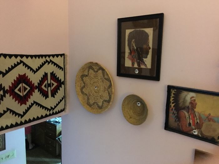 Native American rugs, baskets, framed prints