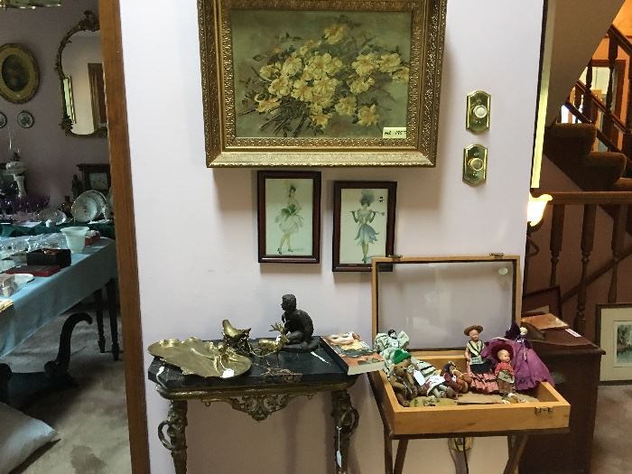 Antique dolls, framed oils and prints