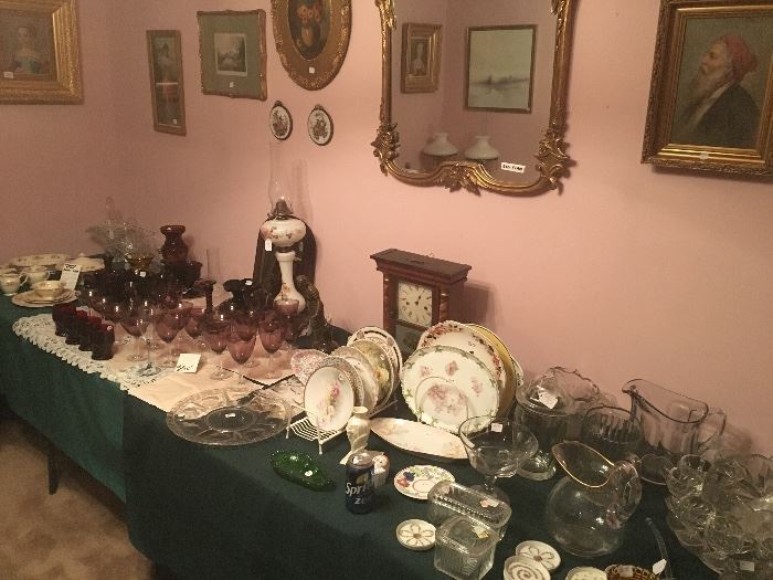 Antique mirror, antique purple stemware, cut glass, Flint glass, more