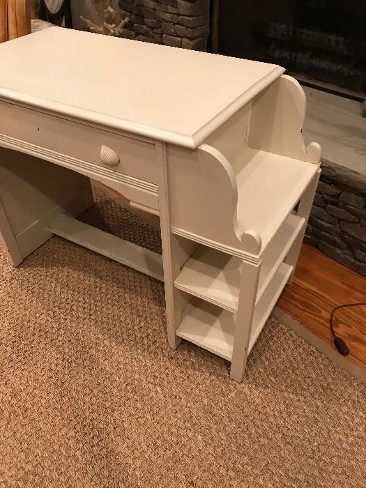 Painted wood desk with shelves.  Drawer opens from both sides.