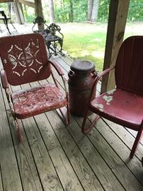 2 milk cans and misc. wrought iron furniture.