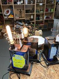 New handmade Steam Punk metal can lamps.  Great for the man cave.  