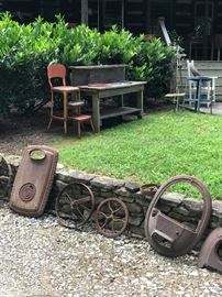 Child's mud kitchen, Misc. antique iron pieces, Vintage kitchen step stool.