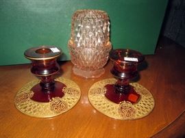 Gold design trim amber candle holders