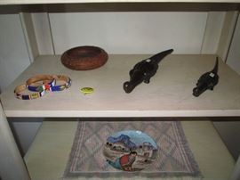 Beaded Braclets-Wood Carved Bowl-2 Hand Carved Alligators--Hand Painted Plate.