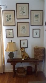 ANTIQUE CHINESE LOG BENCH...ORIENTAL LAMP...CERAMIC LEOPARD CUB...FRAMED FLORAL PRINTS