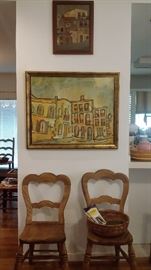 PAIR OF HEART BACK PINE COUNTRY FRENCH CHAIRS...ORIGINAL OIL PAINTINGS