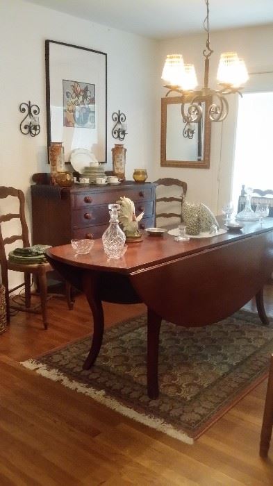 LARGE (7 ft. x 5 ft.) ANTIQUE FRENCH CHERRY WOOD DROP LEAF DINING TABLE....PAIR OF ANTIQUE LADDER BACK COUNTRY FRENCH CHAIRS with RUSH SEATS...WATERFORD DECANTERS