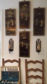 VINTAGE BLACK LACQUER ORIENTAL PLAQUES with SEMI-PRECIOUS STONE INLAY...PAIR OF ANTIQUE COUNTRY FRENCH LADDER BACK CHAIRS with RUSH SEATS