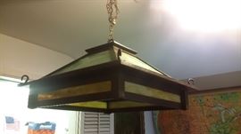 LARGE ANTIQUE ARTS & CRAFTS MISSION STYLE SLAG GLASS HANGING LAMP...ALL OF THIS IS MADE OF WOOD & SLAG GLASS (NOT METAL)...COULD IT BE STICKLEY?