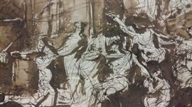 ORIGINAL PIN & INK DRAWING on PARCHMENT depiction of Christ taken down from the cross.