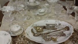 HAVILAND LIMOGES FRANCE "Schleiger 248N" Blue and White CHINA SET...WATERFORD LISMORE CRYSTAL STEMWARE...STERLING SILVER PIECES