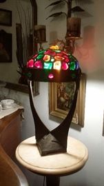 ANTIQUE ARTS & CRAFTS LAMP with RAW GLASS NUGGET SHADE