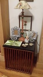 ONE OF A PAIR OF BAMBOO CAGE TABLES WITH POLISHED SLATE TOP