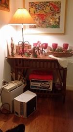 ONE OF TWO BAMBOO SIDE TABLES...IRON LAMP...CHRISTMAS ITEMS...SIGNED ORIGINAL WATERCOLOR ON PAPER 