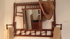 ANTIQUE VICTORIAN OAK STICK AND BALL WALL MOUNT SHAVING MIRROR