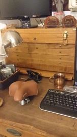 OAK MACHINIST DESKTOP TOOL CHEST  WITH SMALL DRAWERS, FLIP UP TOP, LOCKING FRONT