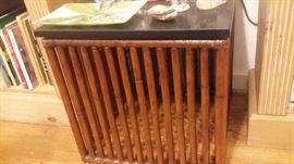 ONE of TWO BAMBOO CAGE TABLES with POLISHED SLATE TOP