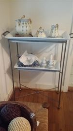 HANDPAINTED BAVARIAN TEA SET....WEDGEWOOD SHAKERS....WROUGHT IRON PORCELAIN TRAY TABLE