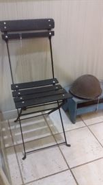 OLD FRENCH BISTRO CHAIR....WORLD WAR HELMET  on STEP STOOL