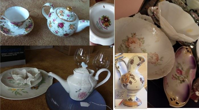 Tea cups, tea pots, tea sets.  serving items