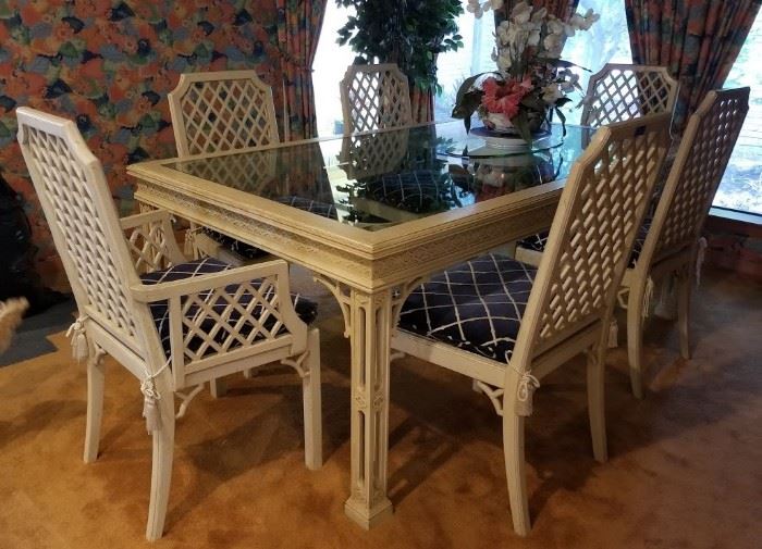 1970s lattice and caned dining table with 6 chairs