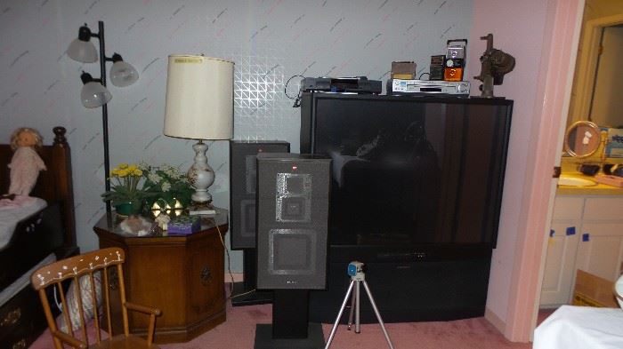 electronics: projection tv, speakers, cd player, dvd player, slide projector, 8mm film projector
