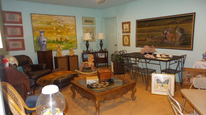 1970s retro living room: framed art, Oriental art, (2) 1950s table sets, oversized leather club chairs, speaker sets(1) APM and (1) Electro-Voice E-V, lamps, tables