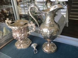 silver plate wine cooler & gorgeous sterling wine ewer