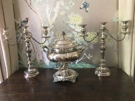 19th century silver-plate hot water urn and pair candelabra