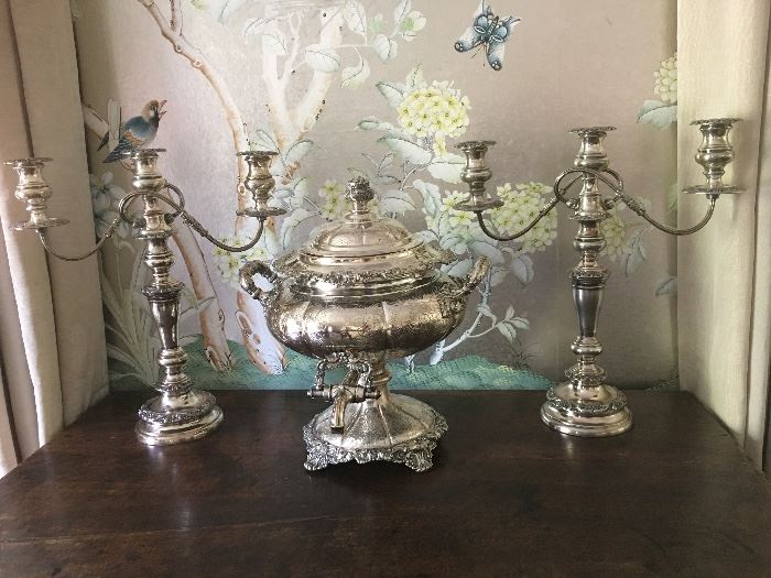 19th century  silver-plate hot water urn and pair candelabra