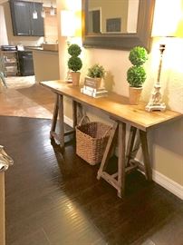 Pottery Barn Mirror, Ashly Furniture Plank board on Saw Horse style Table, various decor from Home Decorators.   French Country