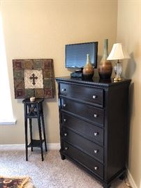 Contemporary Chest of Drawers  from Coaster Furniture, Vintage Waterford Crystal Lamp, Flat Screen TV, various decorative pieces