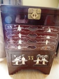 Mother of pearl inlaid jewlery cabinet, hinge needs to be replaced