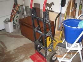 Dolly, large contemporary chest and misc. tools and garage items